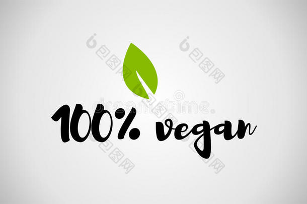 100%严格的素食主义者绿色的叶子手写的文本白色的背景