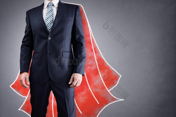 超级英雄商人和红色的斗篷观念为领导