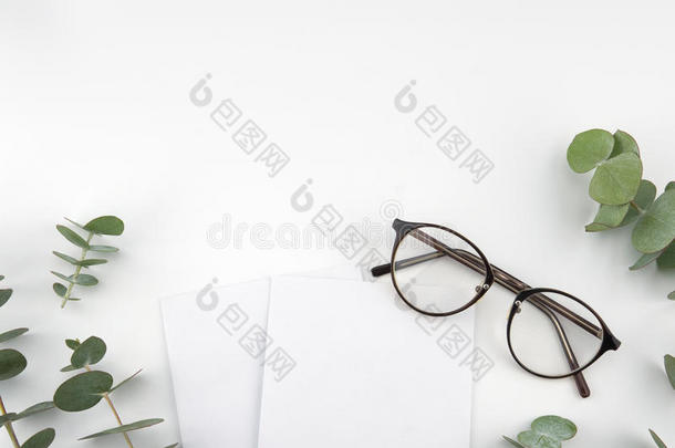 两个空白的白色的卡和眼镜装饰和桉树人名