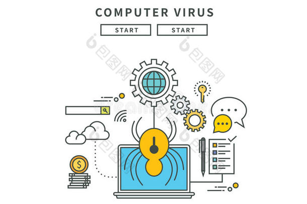 简单的线条平的设计关于计算机病毒,现代的说明