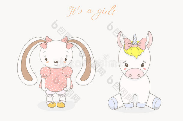 婴儿兔子女孩和婴儿独角兽女孩