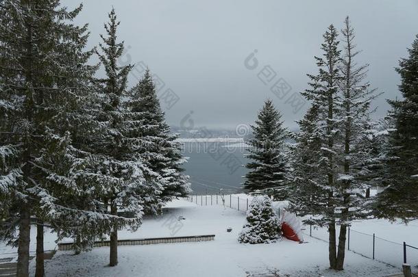 冬和雪在近处马夫罗沃湖,马其顿王国