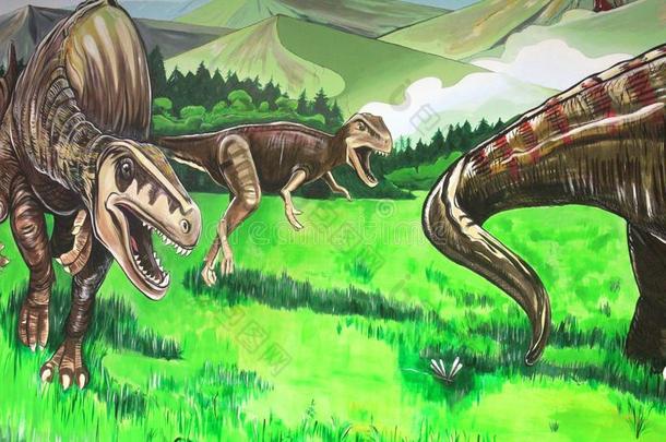 一墙绘画关于恐龙采用风瓦纳古陆,指已提到的人史前的博物馆