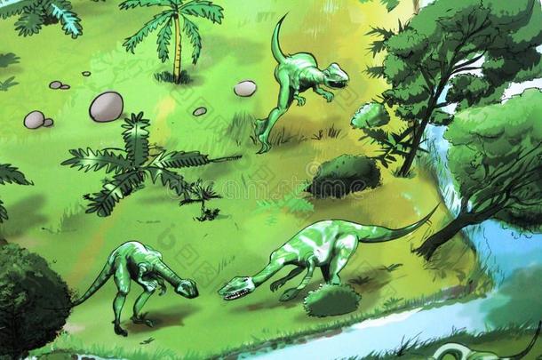一墙绘画关于恐龙采用风瓦纳古陆,指已提到的人史前的博物馆