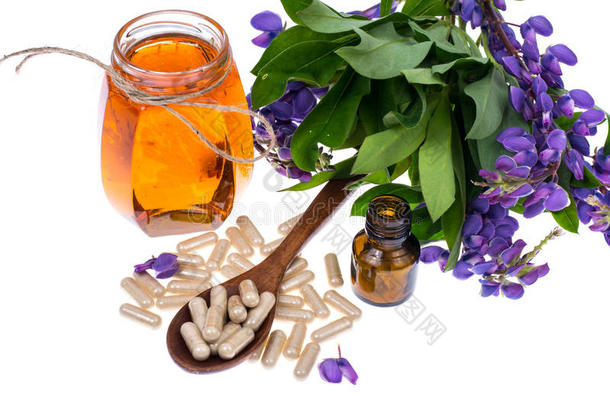 医学的草本植物,蜂蜜,自然的胶囊和药丸采用medic采用e