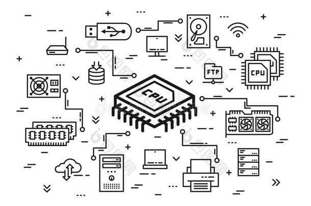 中央处理器碎片和计算机构成要素矢量说明