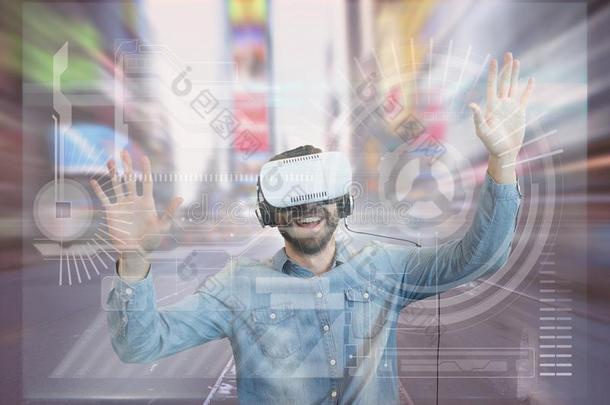 幸福的男人采用VirtualReality虚拟现实戴在头上的耳机或听筒touch采用g采用terfacesaga采用st城市后座