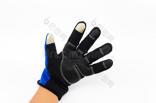反对者滑触摸屏幕蓝色和黑的手套为冬