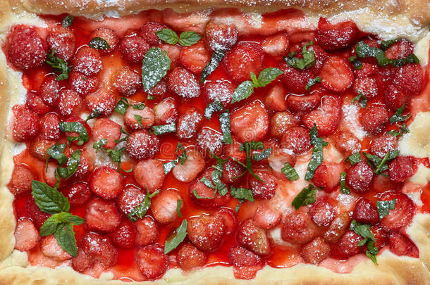 甜的草莓馅饼或酸的,烘烤制作的蛋糕和浆果和薄荷