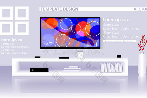 现代的明亮的房间和平的-屏幕television电视机,低的架子.图解的圣殿骑士