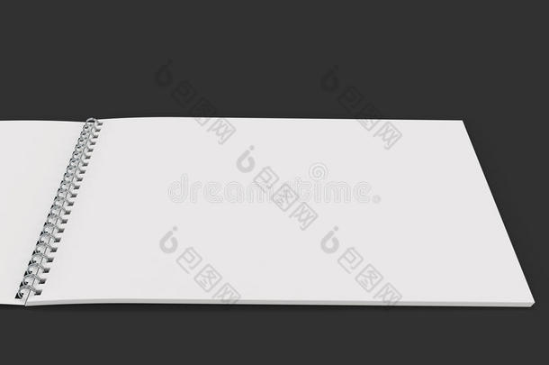 敞开的空白的白色的笔记簿和金属螺旋跳向黑的后面