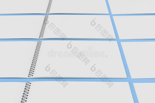 空白的白色的笔记簿和金属螺旋跳向蓝色背景