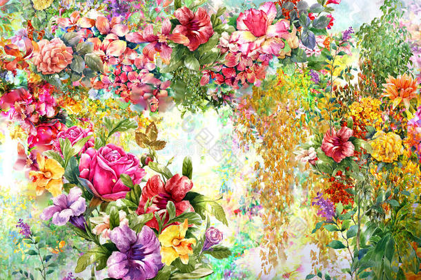 抽象的花水彩绘画.春季多彩的花