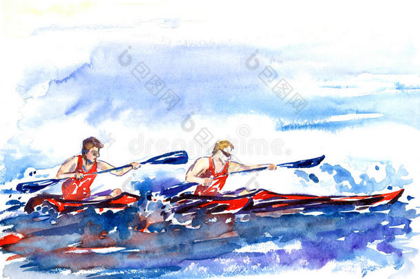 划全体工作人员,两个运动员采用独木舟,使<strong>溅起水</strong>背景