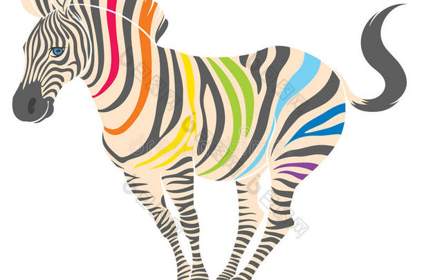 漂亮的自然的斑马和彩虹条纹采用有趣的使摆姿势