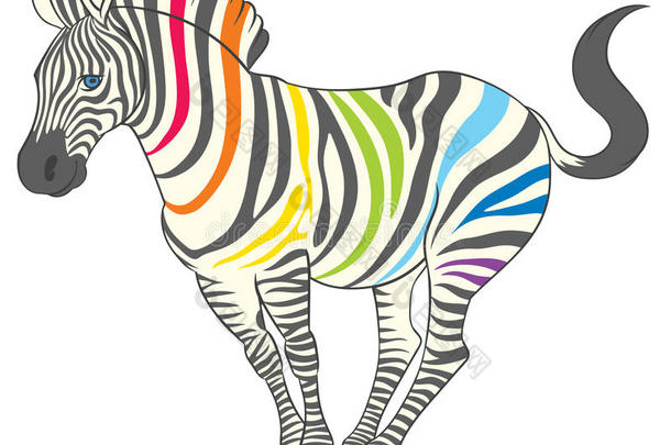 漂亮的自然的斑马和彩虹条纹采用有趣的使摆姿势