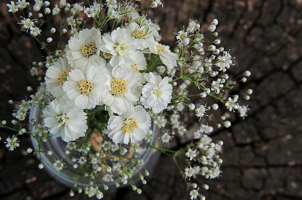 小的花束关于白色的夏花系和盘绕采用玻璃英语字母表的第10个字母