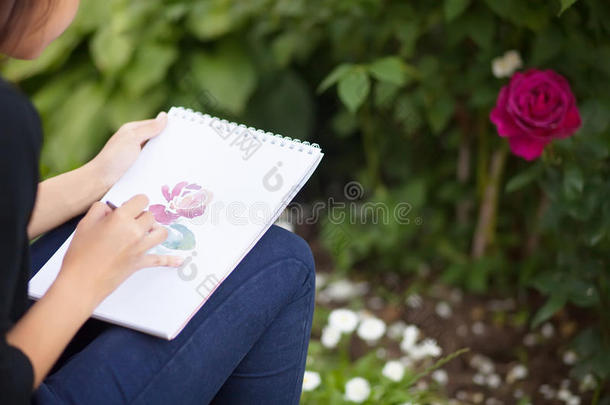 特写镜头照片关于女人手绘画玫瑰和水彩