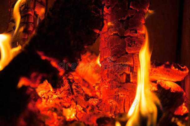 很热的木炭和木柴燃烧的采用采用指已提到的人壁炉.