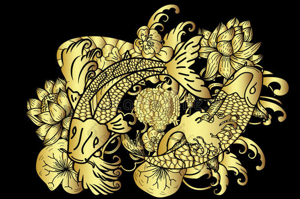 金锦鲤鱼和花日本人文身向黑的背景