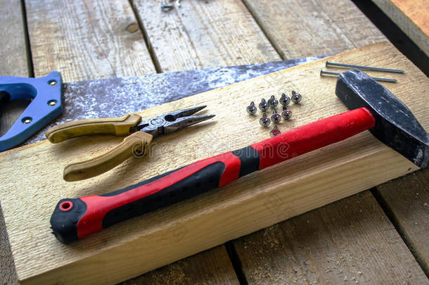 可锯金属的弓形锯,钳子,螺丝钉,铁锤,钉子-向一b一r一nd木制的unpaged未注明页码的