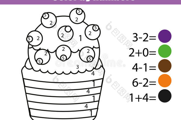 色彩页和纸杯蛋糕.颜色在旁边算术教育的奇尔德