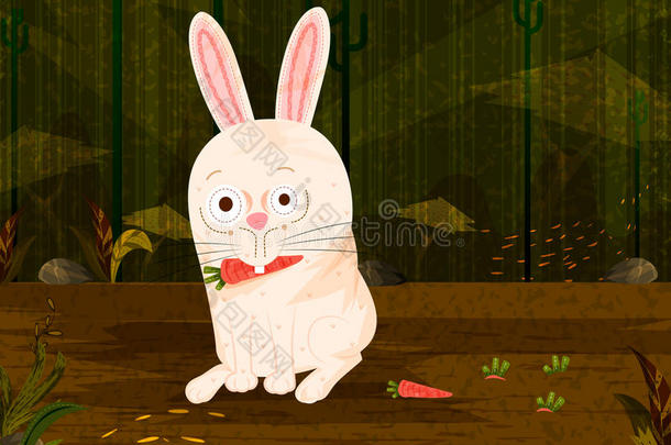 宠物动物兔子吃胡萝卜向丛林森林背景