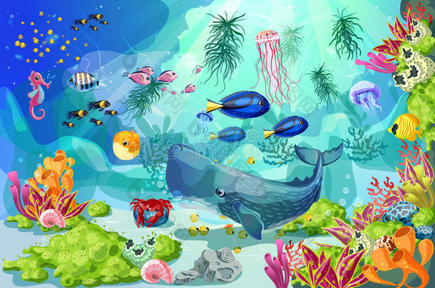漫画富有色彩的海的在水中的生活背景