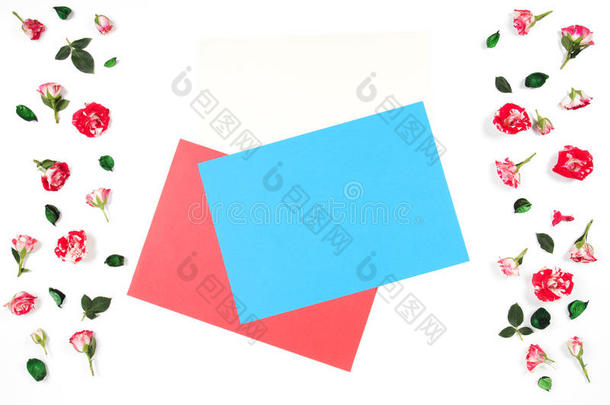 框架使关于玫瑰花和空的空白的有色的纸纸