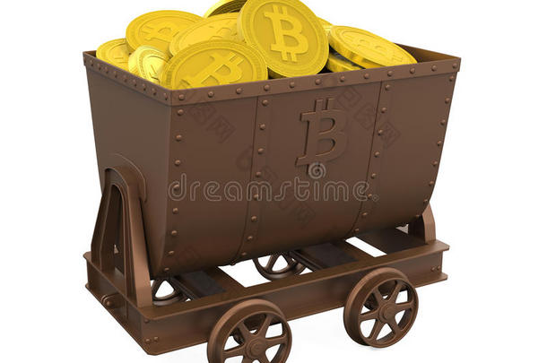 采矿运货马车和金色的比特币隔离的