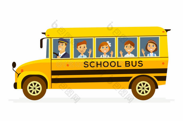 学校公共汽车-字符关于幸福的学生采用一车辆
