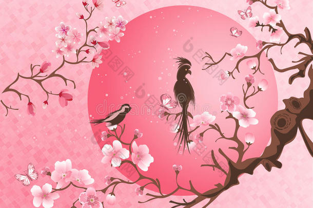 樱桃花树和两个鸟.