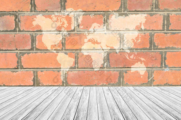<strong>红色</strong>的砖墙质地表面和木材<strong>台阶</strong>和世界地图