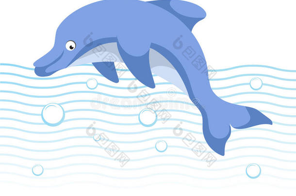 漂亮的漫画时髦的方式海豚用于跳跃的.海一oce一蓝色声音资<strong>源文件</strong>。