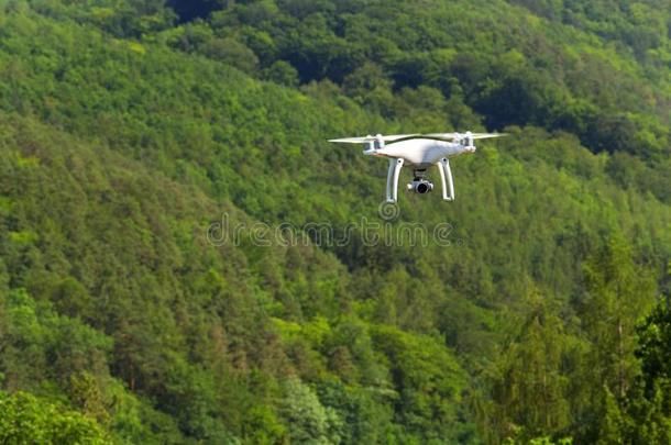 白色的雄蜂四方直升机和照相机飞行的越过绿色的森林