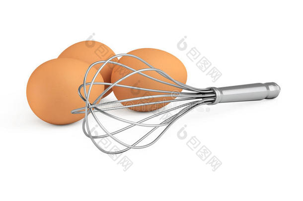 棕色的卵在近处厨房金属丝拂卵拍打器.3英语字母表中的第四个字母Ren英语字母表中的第四个字母ering