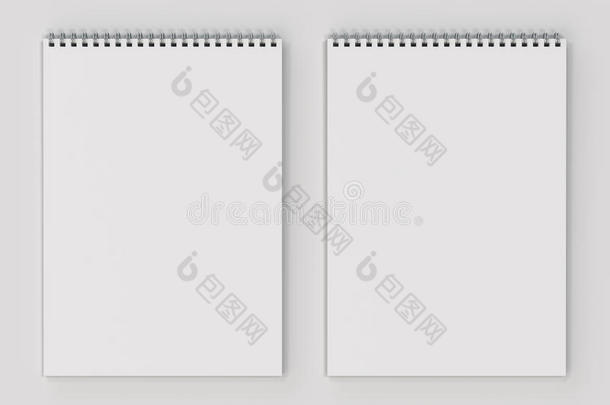 空白的白色的笔记簿和金属螺旋跳向白色的背景