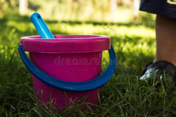 粉红色的婴儿水桶和蓝色铲子