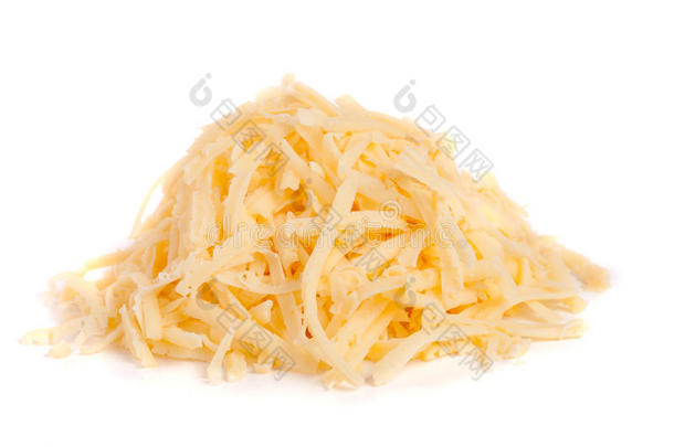 堆关于搓碎的奶酪隔离的向白色的背景