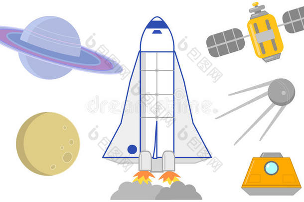 空间火箭,卫星和行星矢量说明