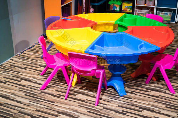 富有色彩的圆形的塑料制品表和沙井和椅子向模式