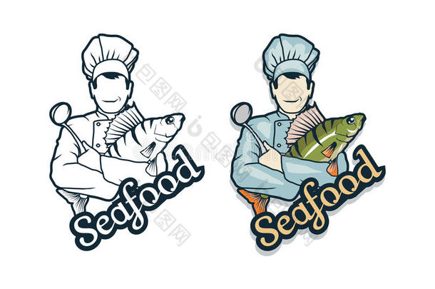 矢量海产食品标识.漫画厨师和鱼采用手.