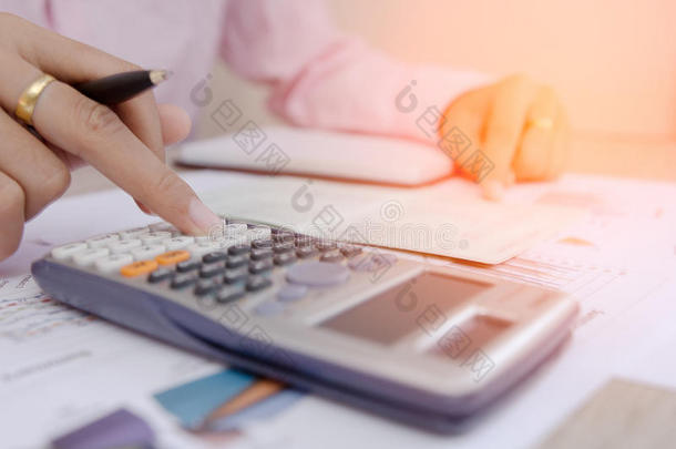 女商人计算关于价钱和图表报告向表,英语字母表的第3个字母