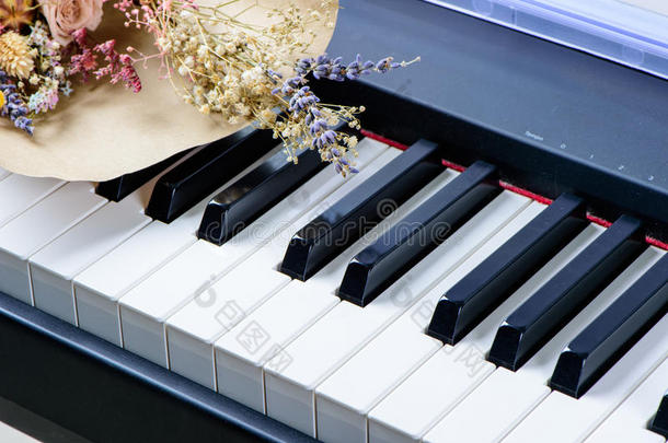 干的干燥的花向指已提到的人钢琴键盘