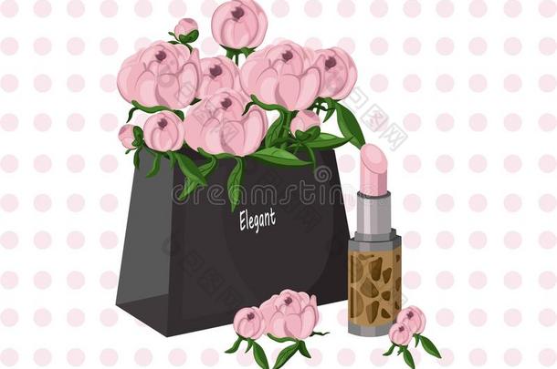 粉红色的乳霜化妆品和花的花束赠品矢量插图