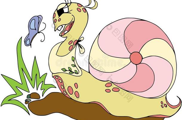 有趣的蜗牛和蝴蝶.动物和鸟漫画字符