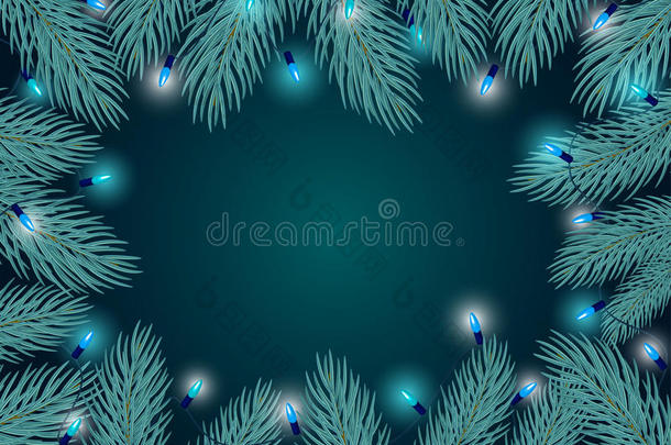 冬边框架背景样板和蓝色松树细枝胸罩