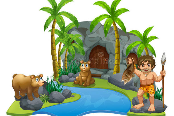 史前石器时代的穴居人和两个熊在旁边指已提到的人河