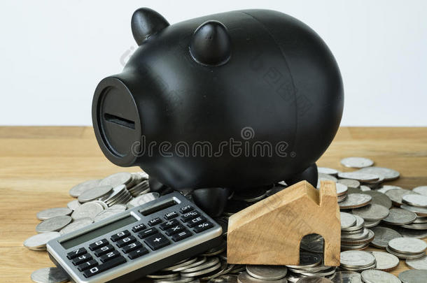 黑的小猪银行和计算器和coinsurance联合保险向同样地节约或菲南来源于Finn↑1