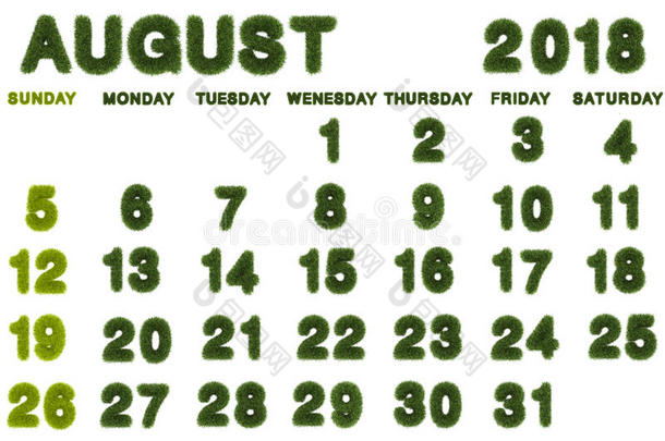 日历为八月2018向白色的背景